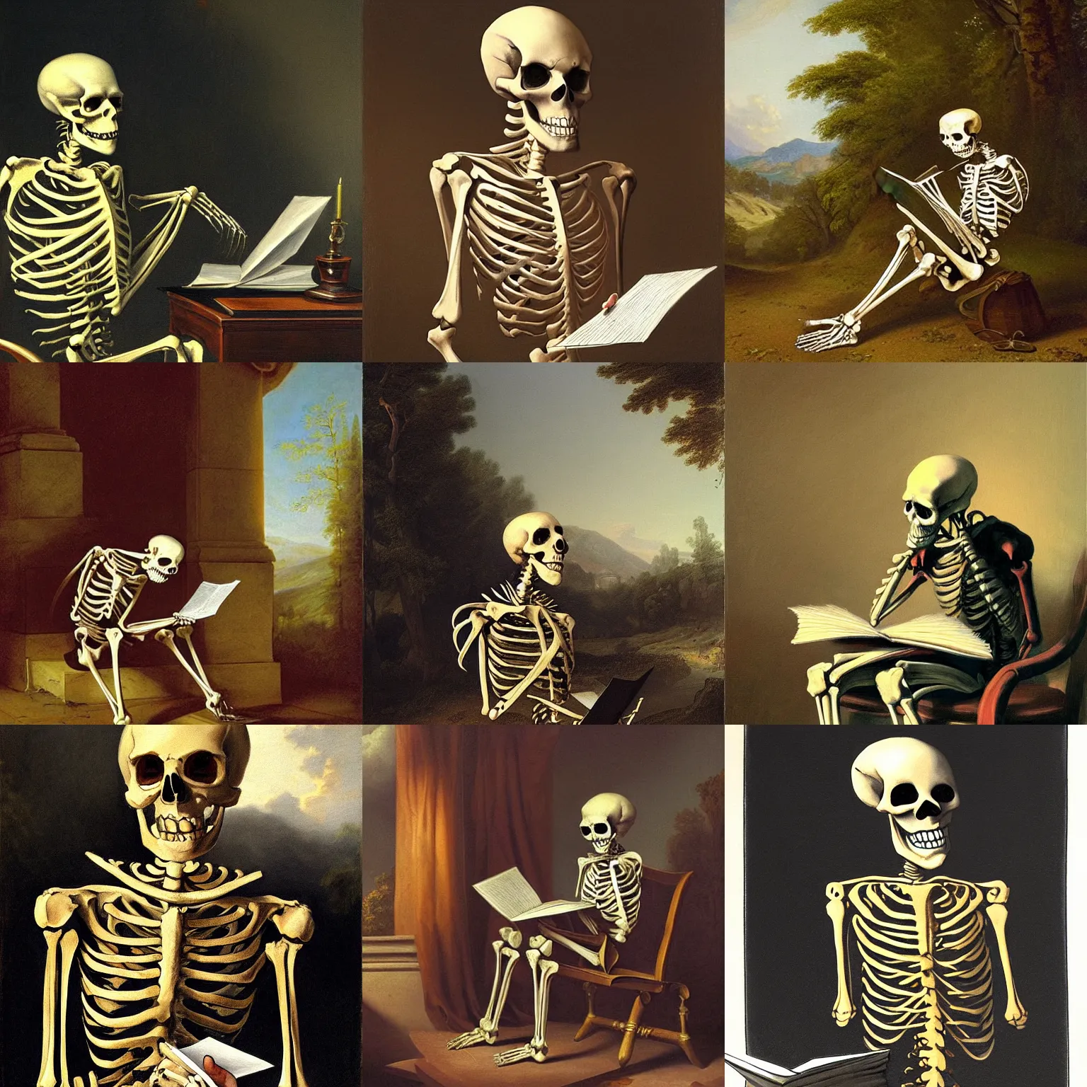 Prompt: a beautiful painting of a skeleton reading a letter and crying, realizing he is fired, by asher brown durand, featured on artstation