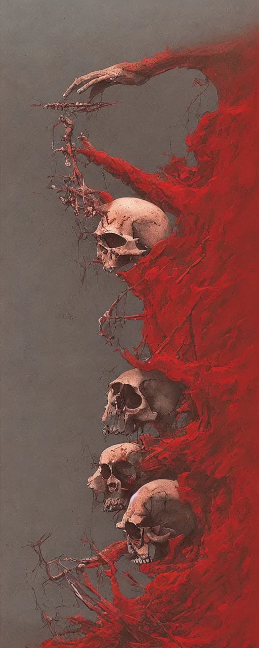 Image similar to dead river, dead fish, skull, poland, red color, highly detailed, 8 k, artstation, beutifull, masterpiece by beksinski