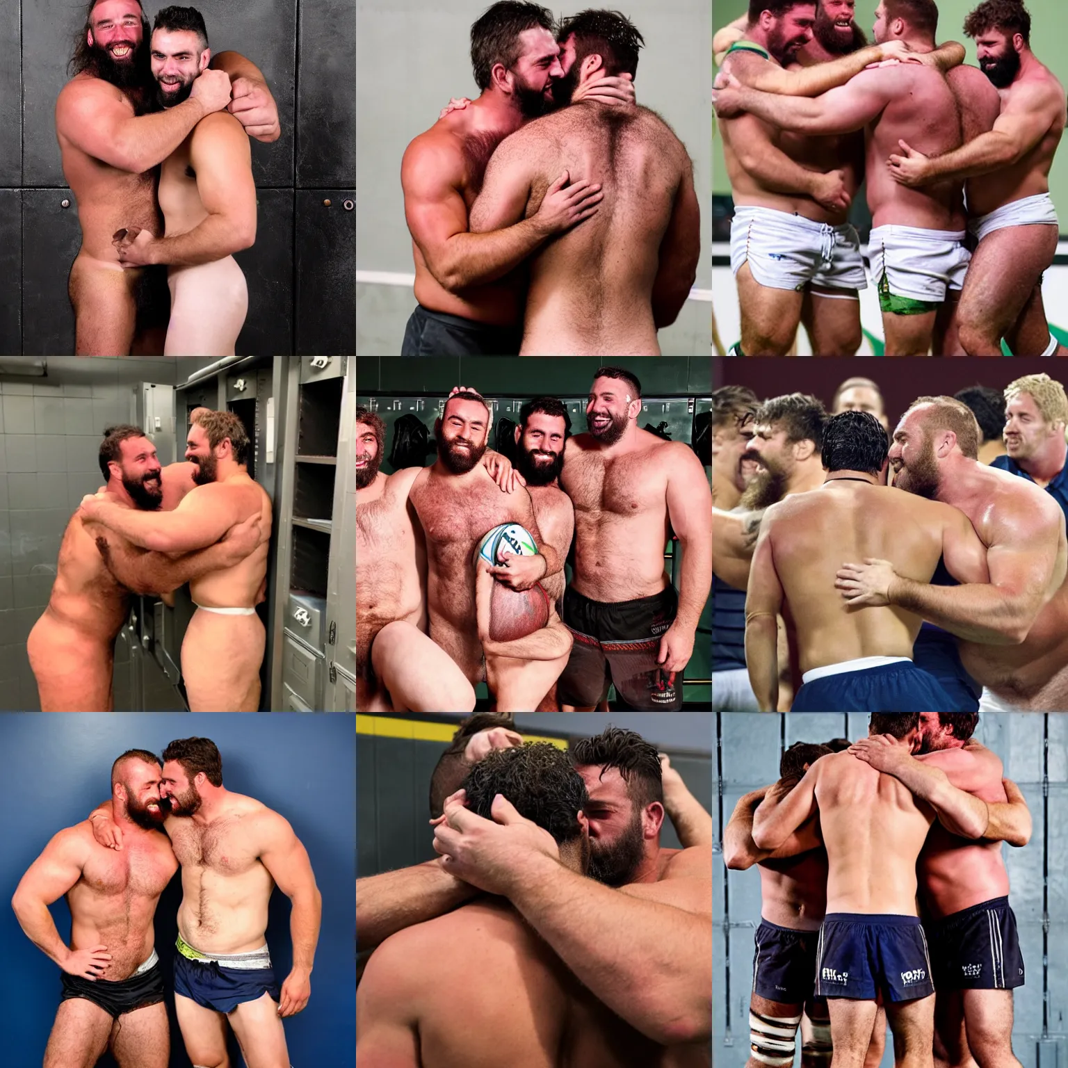 Prompt: hairy burly shirtless sweaty rugbymen after a match hugging each other in a locker room
