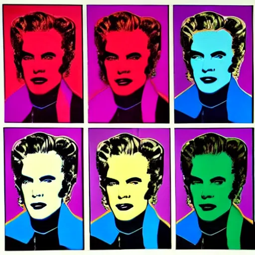 Image similar to old - style cyborg, 6 panels by andy warhol, with highly contrasted colors and an illuminating background