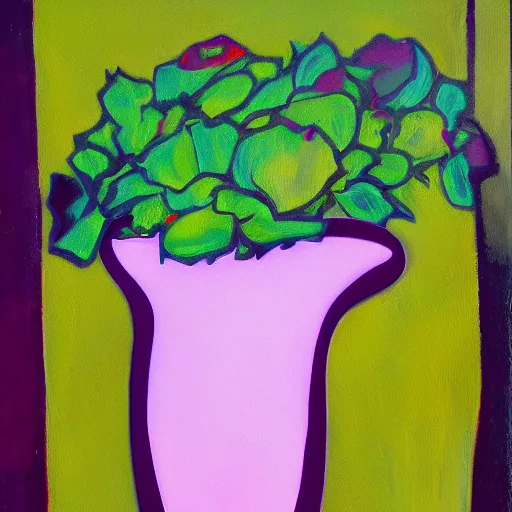 Prompt: abstract yet impressionistic painting of a green marble vase with dying pink roses inside against a green background