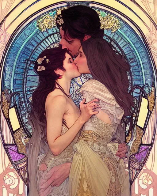 Image similar to the kiss | highly detailed | very intricate | art nouveau | gold filigree | romantic storybook fantasy | soft cinematic lighting | award - winning | disney concept art watercolor illustration by mandy jurgens and alphonse mucha and alena aenami | pastel color palette | featured on artstation