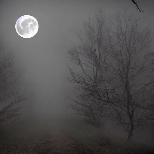 Prompt: huge owl with outstretched wings flapping flying at night through fog talons reaching for prey rabbit killing in the forest lit by the full moon fog moving through feathers