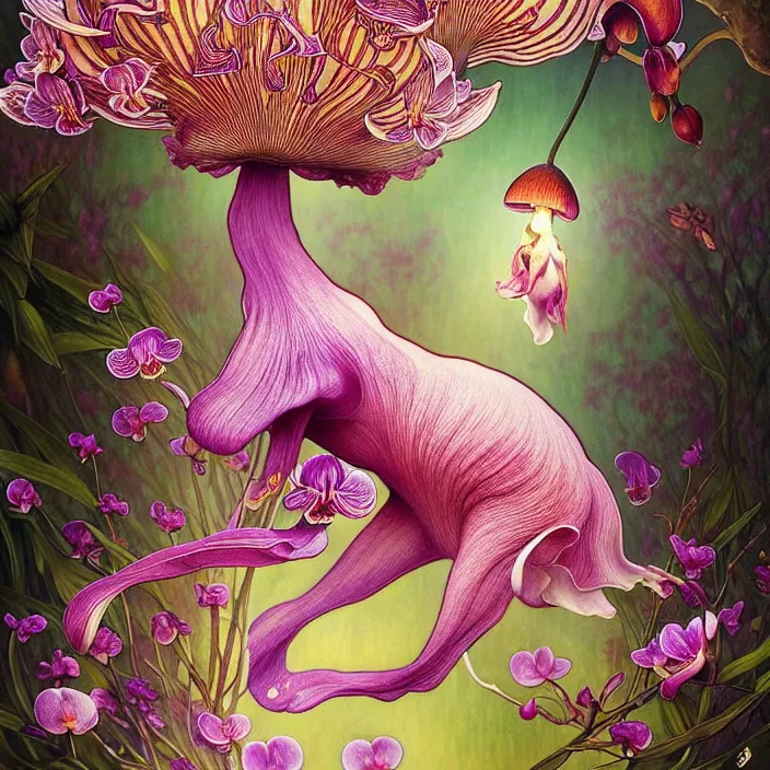 Image similar to psychedelic animal made of orchid and cherry blossom tree and mushroom, LSD, diffuse lighting, fantasy, intricate, elegant, highly detailed, lifelike, photorealistic, digital painting, artstation, illustration, concept art, smooth, sharp focus, art by John Collier and Albert Aublet and Krenz Cushart and Artem Demura and Alphonse Mucha