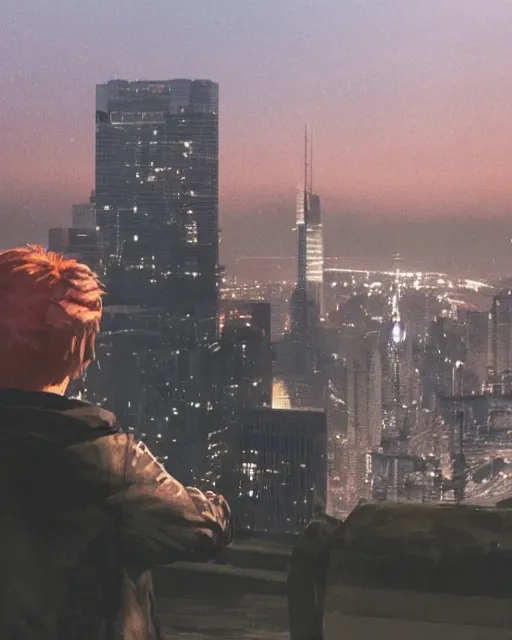 Image similar to a night rooftop scene, light from traffic in the city below, close up shot of a gangster wearing a streetwear trench coat looking at the city below, in the style of Makoto Shinkai