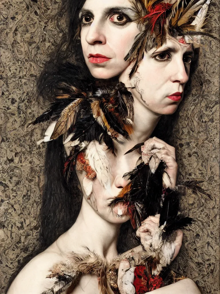 Image similar to Detailed maximalist stunning portrait of PJ Harvey with cracked porcelain skin, dark doe eyes, feathers and milks, HD mixed media, 3D collage, highly detailed and intricate, masterpiece, award-winning, surreal illustration in the style of Caravaggio, dark art, baroque