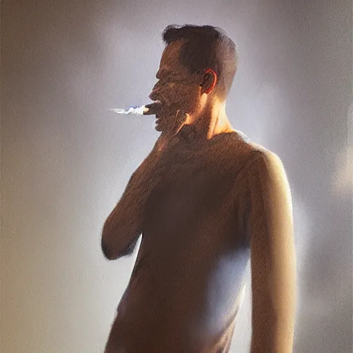 Image similar to smoker. smoke. happiness. impressionism. poster. matt painting. octane render