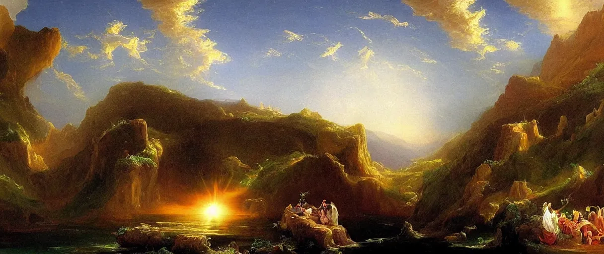 Image similar to what were we doing when we unchained this earth from its sun? whither is it moving now? whither are we moving? away from all suns? are we not plunging continually? backward, sideward, forward, in all directions?, in the style of an awe - inspiring thomas cole oil painting on canvas