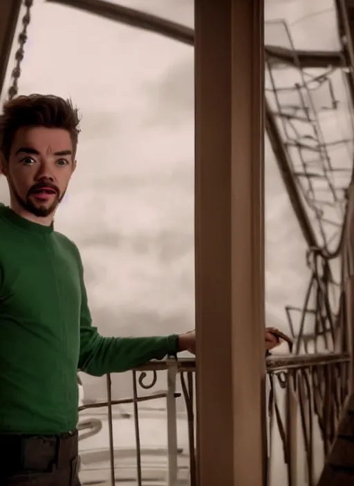 movie still of jacksepticeye standing near a balcony, Stable