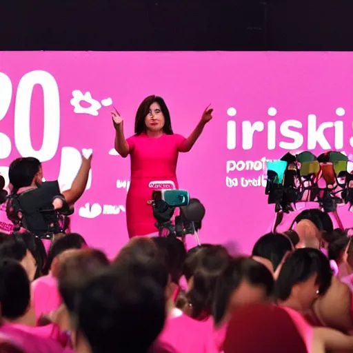 Image similar to Leni Robredo on a stage, wearing a pink dress, waving to thousands of people, trending on artstation