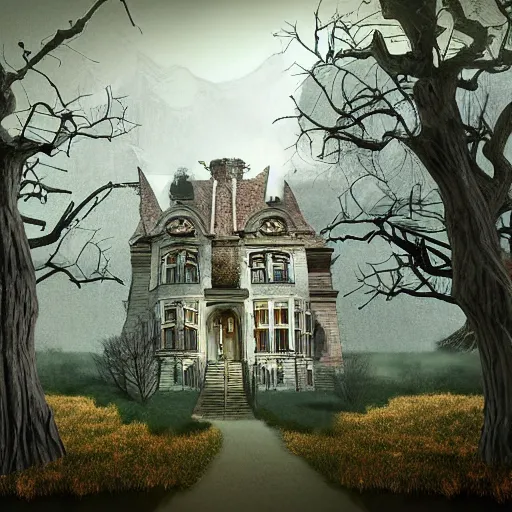 Prompt: digital art of a spooky mansion in the woods with mountains in the back, a trail leads to the doors. amy weber, andi rusu, Dan Frazier