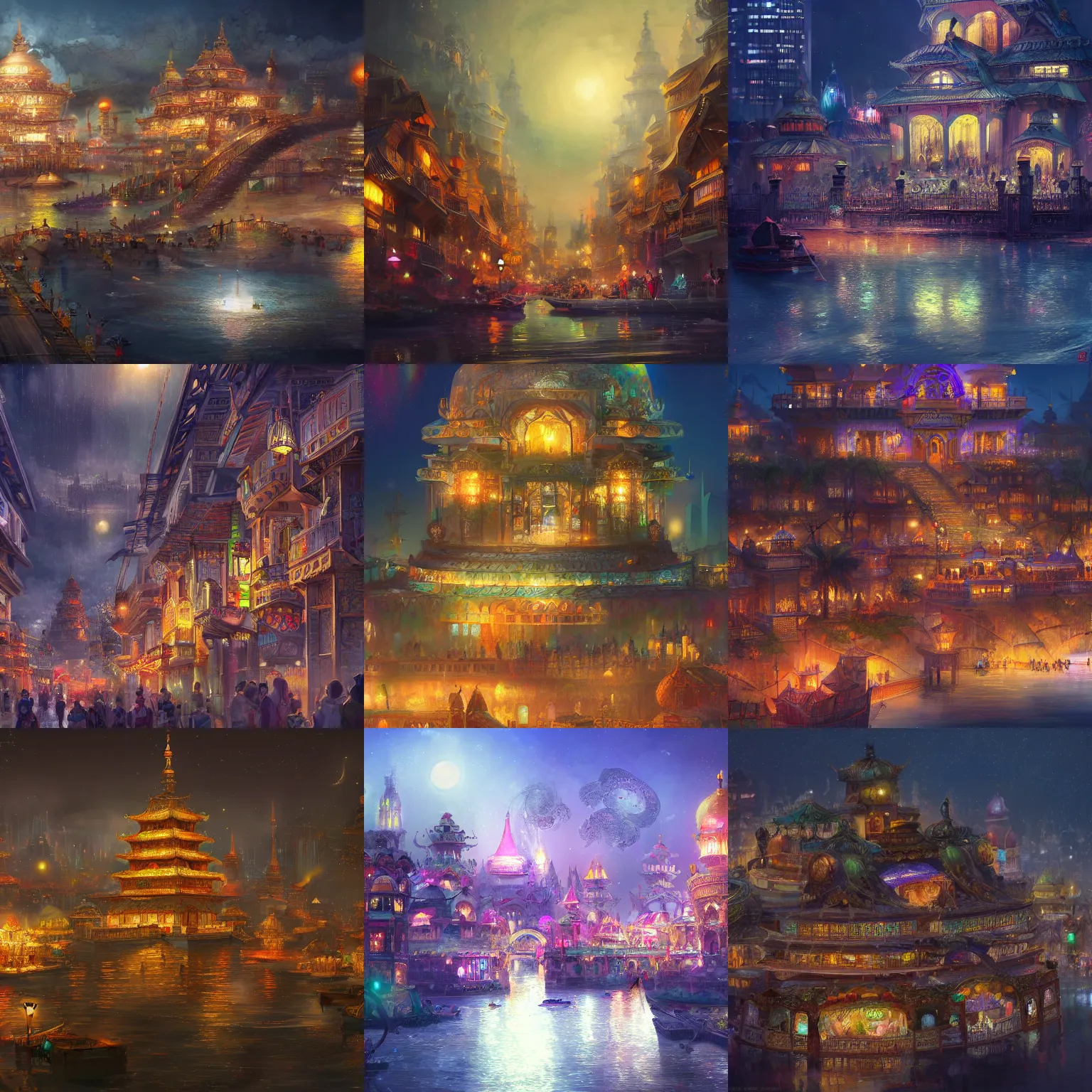 Prompt: A magical eastern civilization at night, built around ocean, full with people, a lot of lights, multi layered huge architectures. Trending on artstation