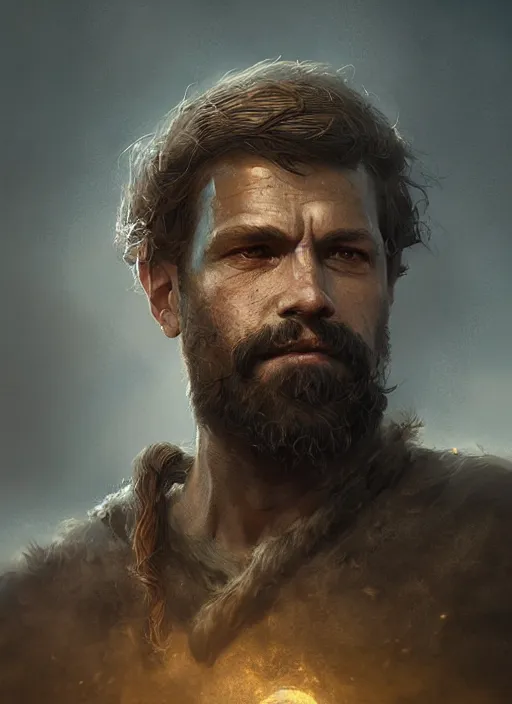 Image similar to portrait of a rugged medieval man, highly detailed, fantasy, godrays, cinematic lighting, close up, volumetric, realistic, digital art by greg rutkowski