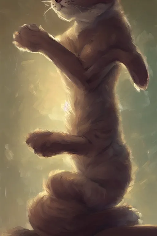 Image similar to a fullbody pose of humanoid cat, beautiful clean oil painting a anthropomorphic cat in a cats city from the top of a roof pinterest, artstation trending, behance, silver, laser light, trending on furaffinity, backlighting, cartoon, by kawacy