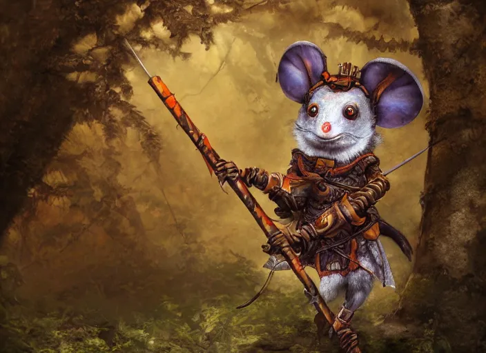 Prompt: ashigaru steampunk - inspired feathered mouse, colorful plumage, lacquered armor, polearm glaive, cute but determined, hard focus, art station, by jessica rossier and brian froud, cinematic, orange grey white, in a woodland glade