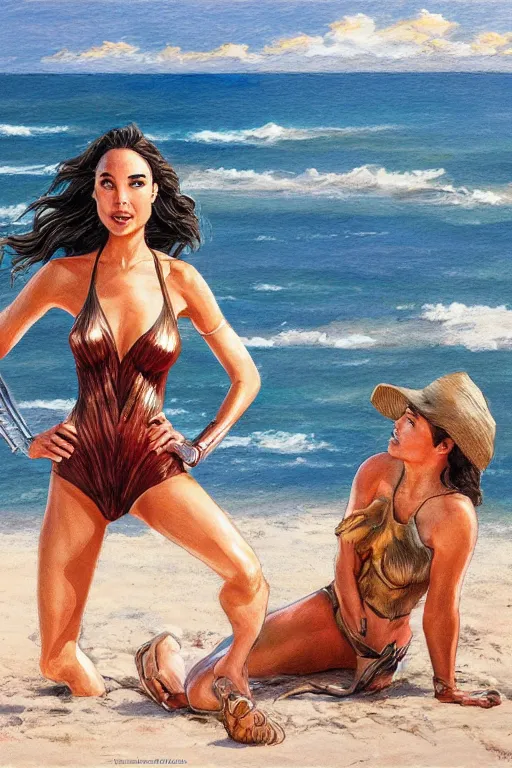 Prompt: full body illustration of gal gadot on the beach in the style of steve hanks, 4 k, detailed, 1 / 3 headroom, rule of thirds