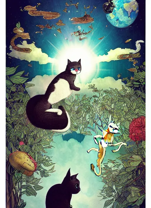 Image similar to a hyper realistic ink cat and the meaning of life and sunbeams blue sky, lush forest poster art by chiara bautista and kim jung giu and norman rockwell and greg rutkowski weta studio, and lucasfilm