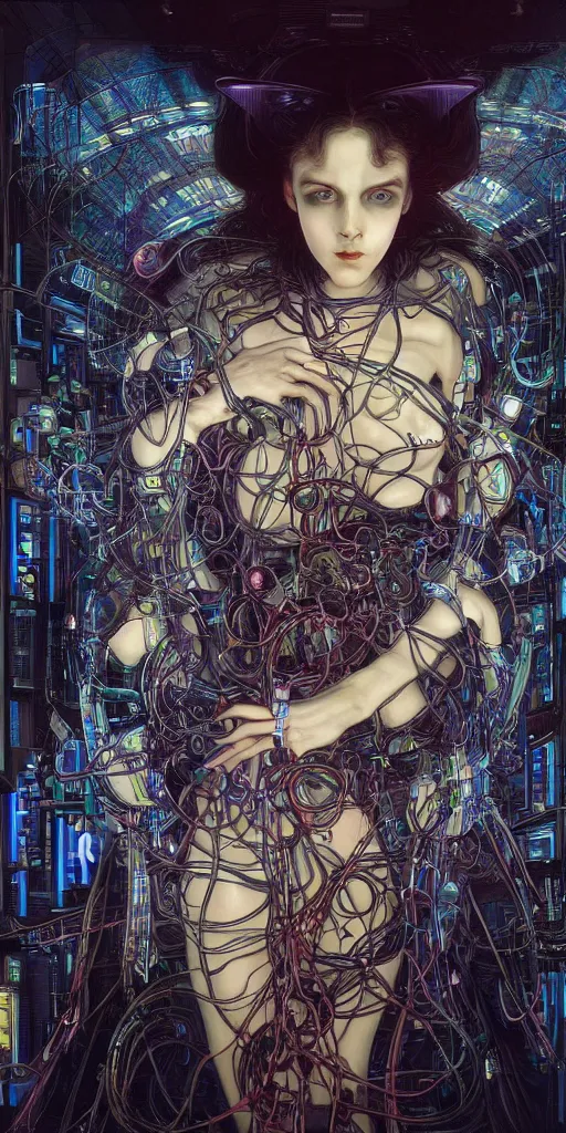 Image similar to dark cyberpunk woman amongst cables and computers by johnson tsang and alphonse mucha, portrait, fantasy, clear, soft, uhd, amazing depth, cinematic lighting