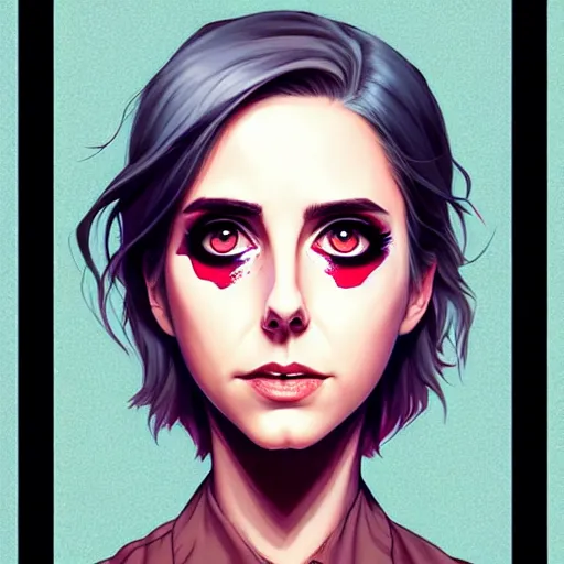 Image similar to loish, artgerm, Joshua Middleton art, pretty Alison Brie serial killer holding bloody knife in right hand, blood on clothes and face, sarcastic smile, symmetrical eyes, symmetrical face, jean jacket, jeans, short blonde hair, middle shot, night time, deep blacks