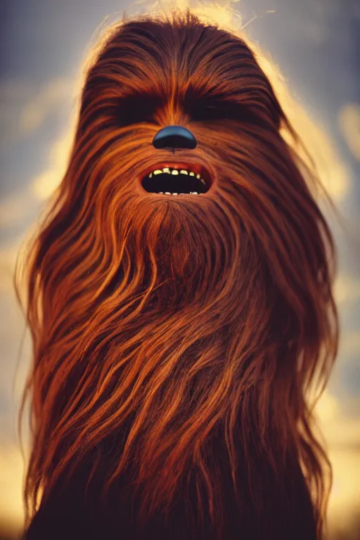 Prompt: photographic portrait of chewbacca with a balding head, cinematic photography, 35mm, evening light