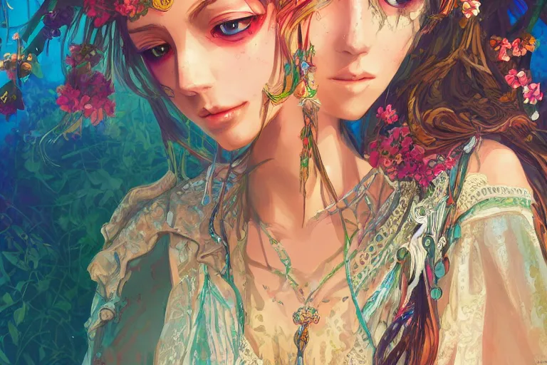 Image similar to a beautiful bohemian girl, intricate, highly detailed, digital painting, pixiv, artstation, official media, anime key visual, concept art, rich vivid colors, ambient lighting, sharp focus, illustration, art by erak note