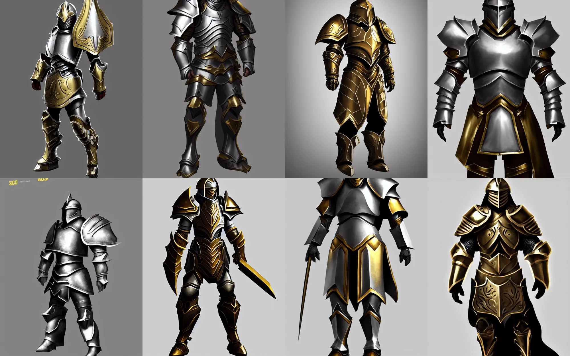 Prompt: epic armored paladin, stunning character art, silver armor with gold trim, trending on artstation, flat shading, extremely clean, uncluttered, high quality, exaggerated proportions, very professional