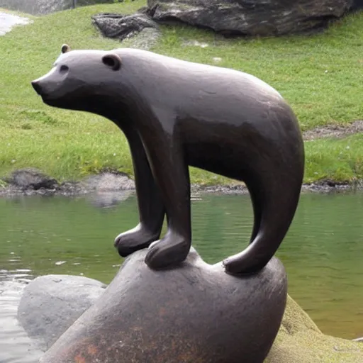 Prompt: bear on a sup, paddleboard, in the style of soapstone carving, in the inuit style,