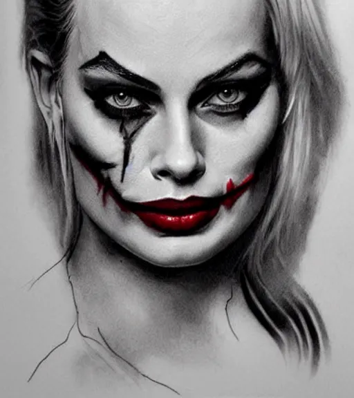 Prompt: tattoo design sketch of beautiful margot robbie portrait with joker makeup, in the style of den yakovlev, realistic face, black and white, faded outline, realism tattoo, hyper realistic, highly detailed