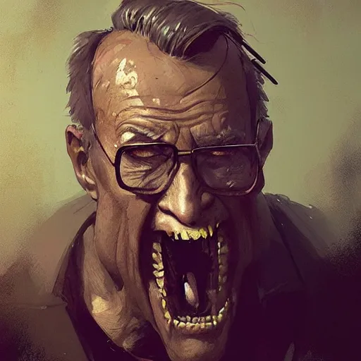 Image similar to old man portrait, grenade in his teeth, greg rutkowski art