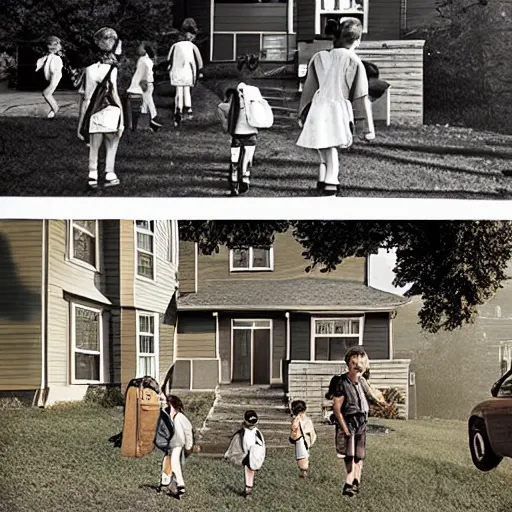 Image similar to photorealistic first day of school, sunny day, kids arriving to school, highly detailed, by Gregory Crewdson