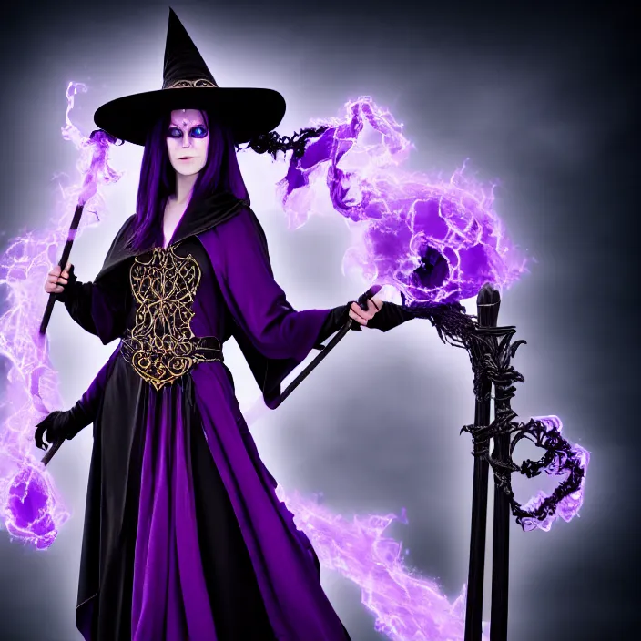 Image similar to professional photograph of a real - life beautiful elemental darkness witch with ornate purple and black robes and staff. extremely detailed. 8 k