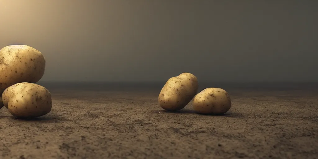 Prompt: potato, dark cinematic, volumetric, realistic, 3d render, Realistic Render, Cinematic lighting, Volumetric lighting, atmospheric, cinematic, unreal engine, unreal engine render, octane render, HD, photorealism, hyper realistic, photo, 8K, in the style of Chris Cunnigham, by Wes Anderson