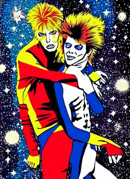 Prompt: david bowie giving a piggy back ride to ziggy stardust. glam rock. cosmic. peter elson. roy lichtenstein