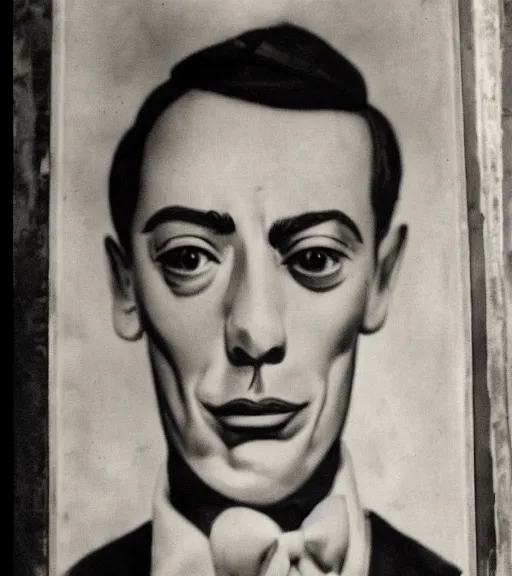 Image similar to flower pot with the face of a young Buster Keaton. Prominent cheek bones, gaunt, handsome, terracotta flowerpot growing African violets