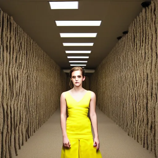 Image similar to Emma Watson lost in the backrooms, old moist carpet, mono-yellow, fluorescent lights, randomly segmented rooms, eerie