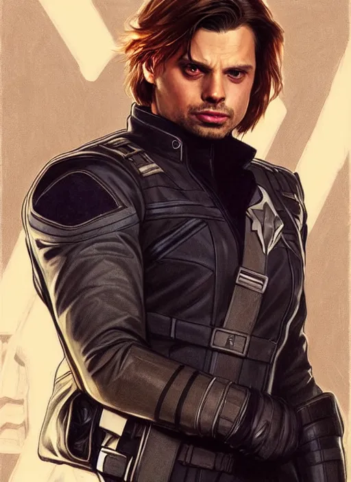 Image similar to sebastian stan as the winter soldier, painting by artgerm and greg rutkowski and alphonse mucha