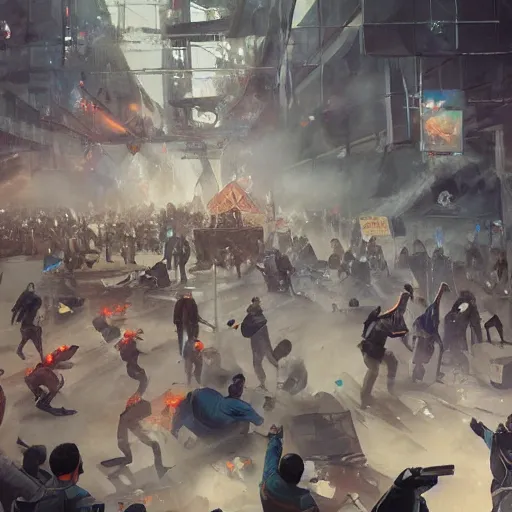 Image similar to protesters clashing with police, detailed digital illustration by greg rutkowski, android netrunner