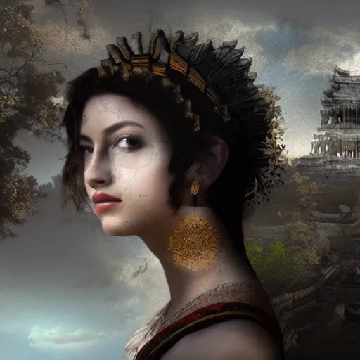 Image similar to double exposure portrait of a beautiful short dark haired feminine queen looking away, over the desertic city of a thousand temples, by leonard de vinci, digital art