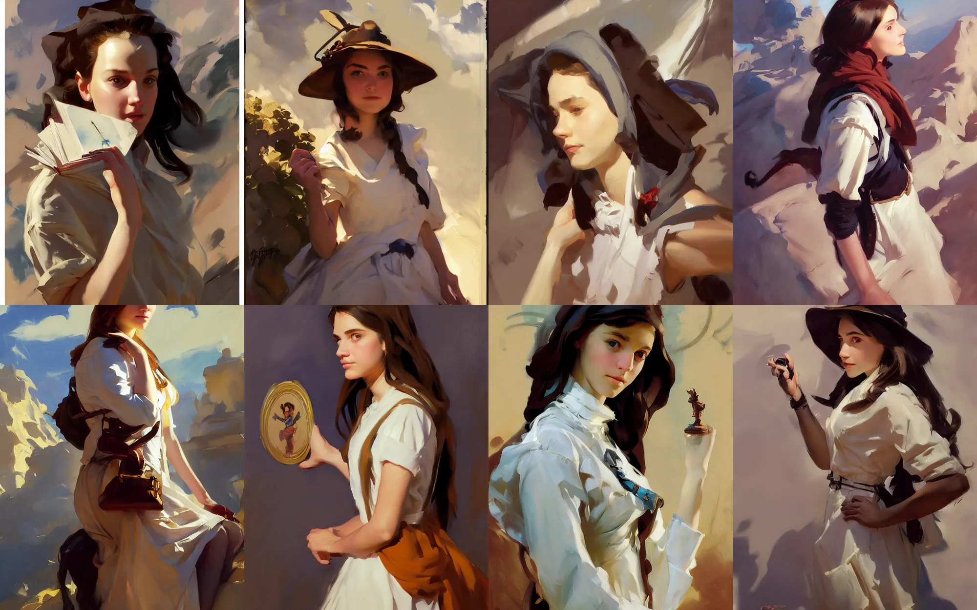 Image similar to portrait of teenage girl traveler greg manchess painting by by sargent and leyendecker, d & d, fantasy, medium shot, asymmetrical, intricate, elegant, matte painting, illustration, hearthstone, by greg rutkowski, by greg tocchini, by james gilleard, by joe fenton