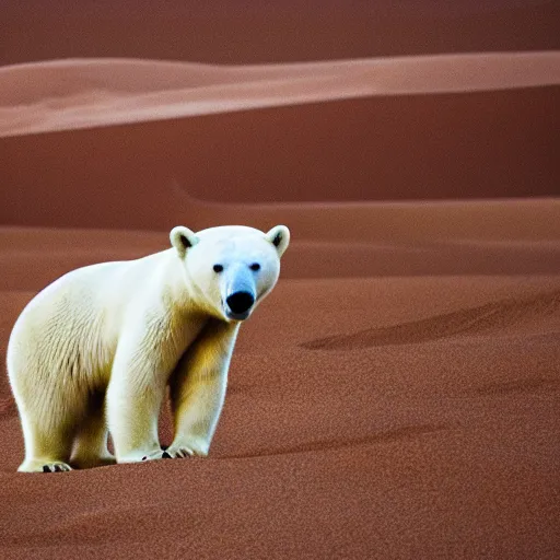 Image similar to photography of a polar bear in the desert, VFX, cinematic, rule of thirds, golden ratio, evening