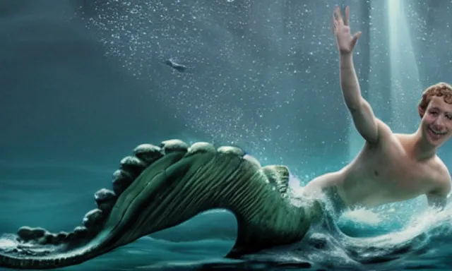 Image similar to mark zuckerberg as a mermaid ruling the ocean, photorealistic, cinematic lighting, highly detailed, extremely realistic