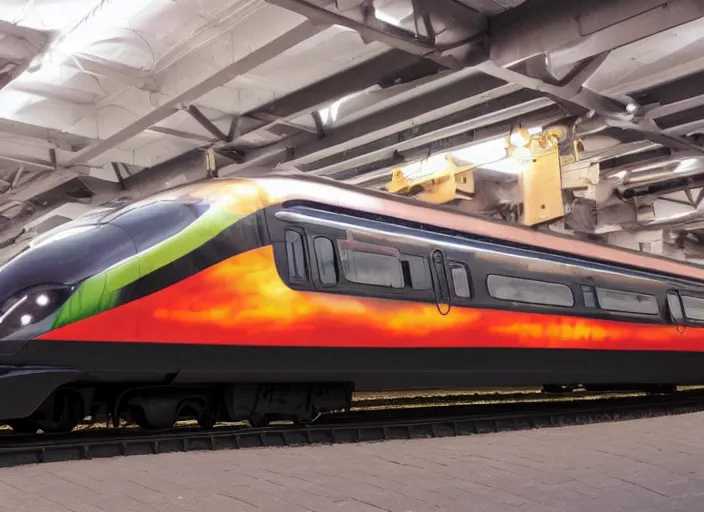 Prompt: A train that looks like a firefly. This advanced train was designed to look like a firefly.