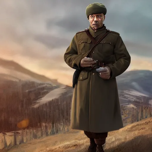 Prompt: fullbody of standing clark gable, wearing simple russian ww 1 clothes in black fur beanie, russian villages at background, style ivan talavera and artgerm, radiant lighting, hyper realistic, photorealistic, octane render, trending on artstation, cgsociety, cinematic light, global illumination