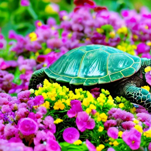 Image similar to a picture of a turtle hugging a flower, vivid colours, depth of field, 50mm