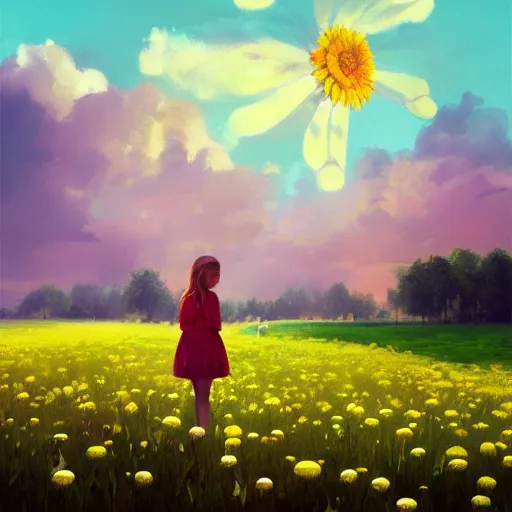 Image similar to giant daisy flower head, girl sitting in a flower field, surreal photography, sunrise, dramatic light, impressionist painting, colorful clouds, digital painting, artstation, simon stalenhag