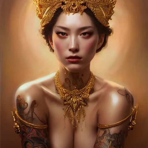 Prompt: expressive oil painting, of alluring european princess, seductive look, smirking, smooth glowing skin, glistening body, love, adoration, sweat, tattoos, ornate headpiece made of beads, glamour shot, by yoshitaka amano, by greg rutkowski, by jeremyg lipkinng, by artgerm, digital art, octane render, heavenly aesthetic