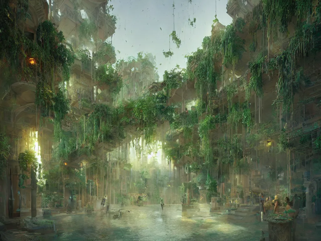 Image similar to the antique green city of babylon with its wonderful hanging gardens at dawn, intricate, elegant, volumetric lighting, digital painting, highly detailed, artstation, sharp focus, illustration, concept art, ruan jia, steve mccurry