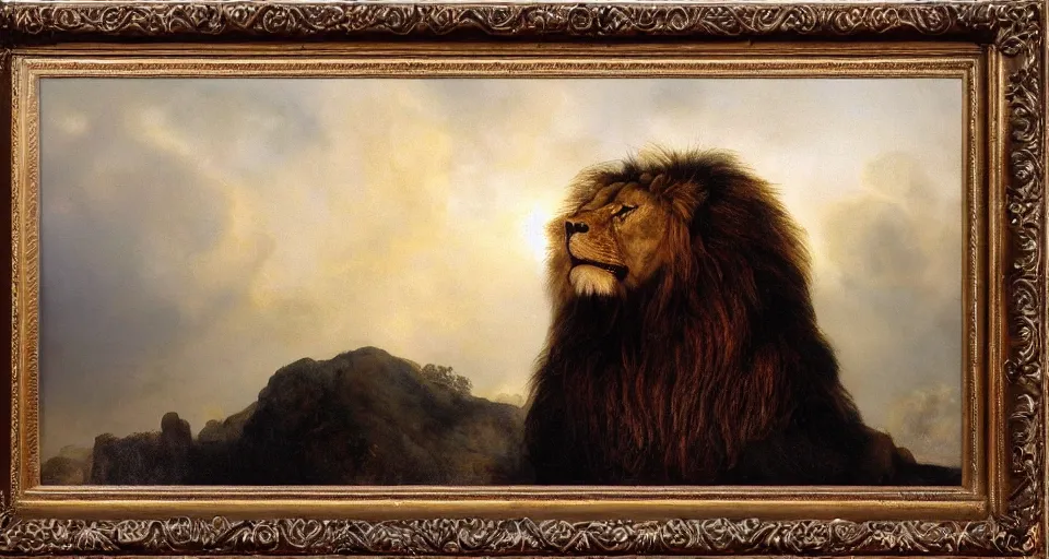 Prompt: oversized muscular anthropomorphic lion , very textured detailed oil painting panoramic backlight portrait by rembrandt, backlight, dramatic clouds ,sunset