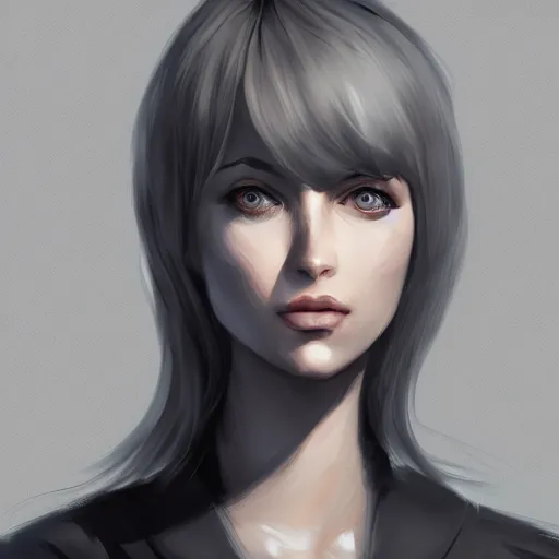 Prompt: concept art of a female character, quarter view, face only, shoulders can be seen, short hair, gray background, trend on artstation, HD, digital painting