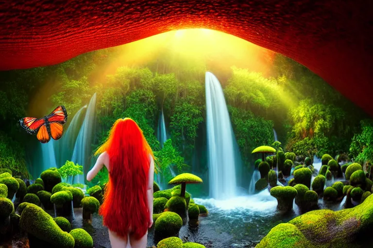 Prompt: a realistic portrait of a beautiful red haired mushroom goddess, standing inside a waterfall, in an enchanted psychedelic mushroom forest, butterflies, sunbeams at sunset, wlop